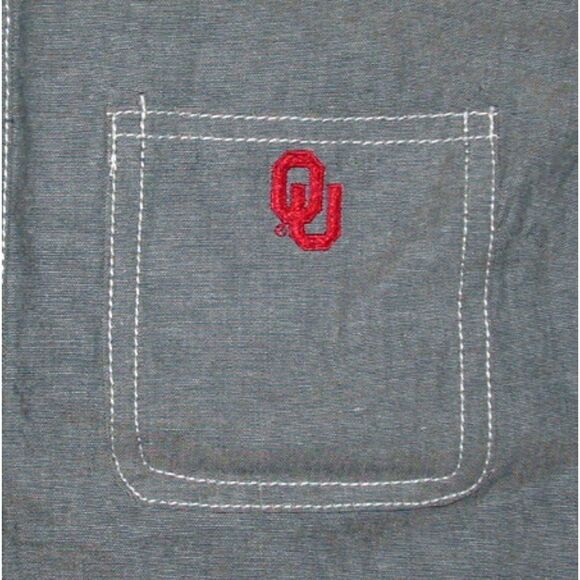 CHICKA-D Blue Chambray Sz Small OU OLKLAHOMA SOONERS High Low Button Up Shirt - Picture 3 of 3